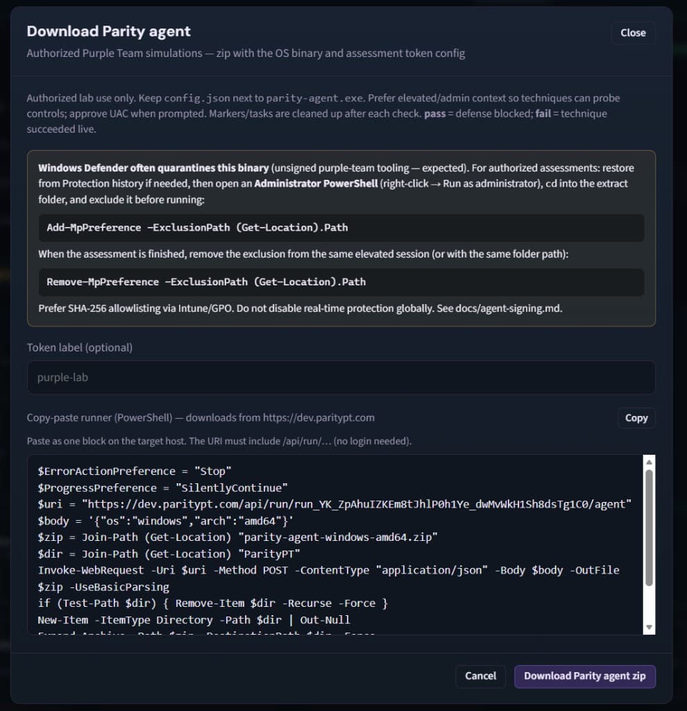 Download Parity agent dialog with Defender exclusion commands and PowerShell copy-paste runner