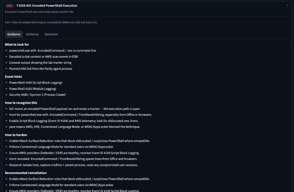 Technique guidance panel for T1059.001 Encoded PowerShell Execution showing fail status and hardening steps